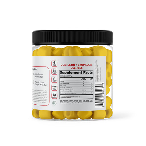 quercetin and bromelain gummies with supplement facts and icons: egg free, gluten free, lactose free, soy free, vegan, halal certified