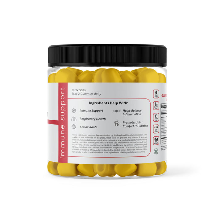 quercetin and bromelain gummies with listed benefits: immune support, respiratory health, antioxidants, inflammation and joint support.
